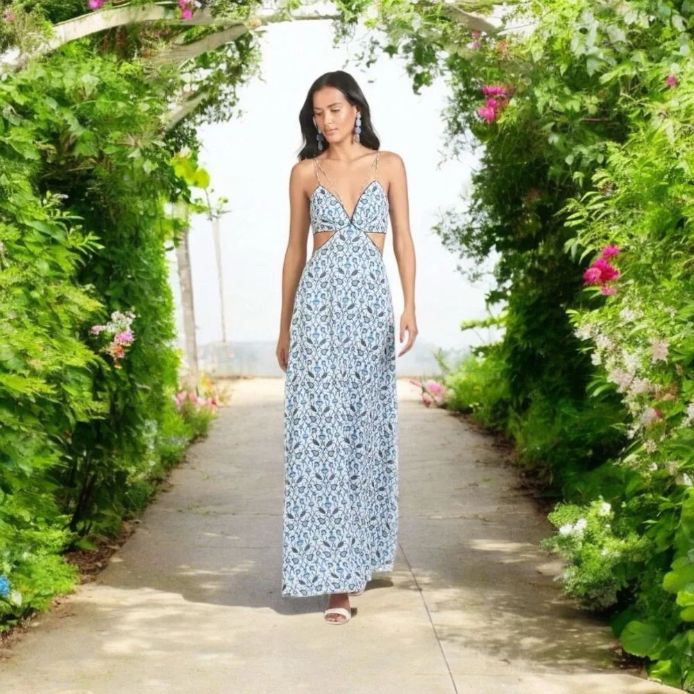 Sachin + Babi Cut-Out Maxi Dress Size 2 Blue White Deep V-Neck Maxi Dress NWT - Picture 11 of 12